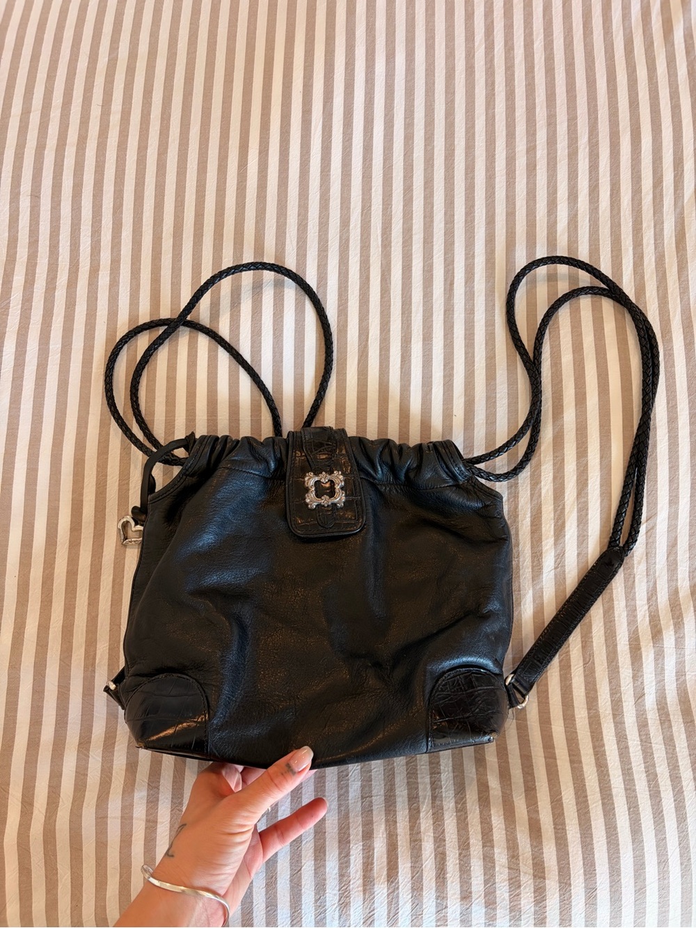 Brighton Black Leather & Croc Embossed Drawstring Backpack Bag